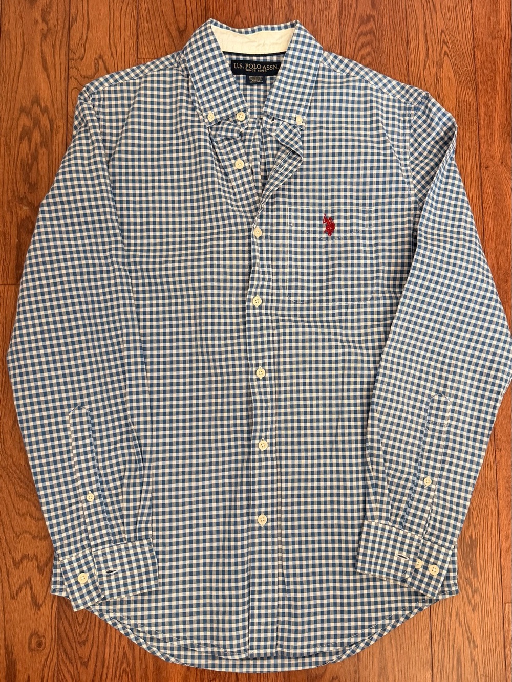 U.S. Polo Assn. Men’s Blue and White Gingham Button-Down Shirt with Red Logo